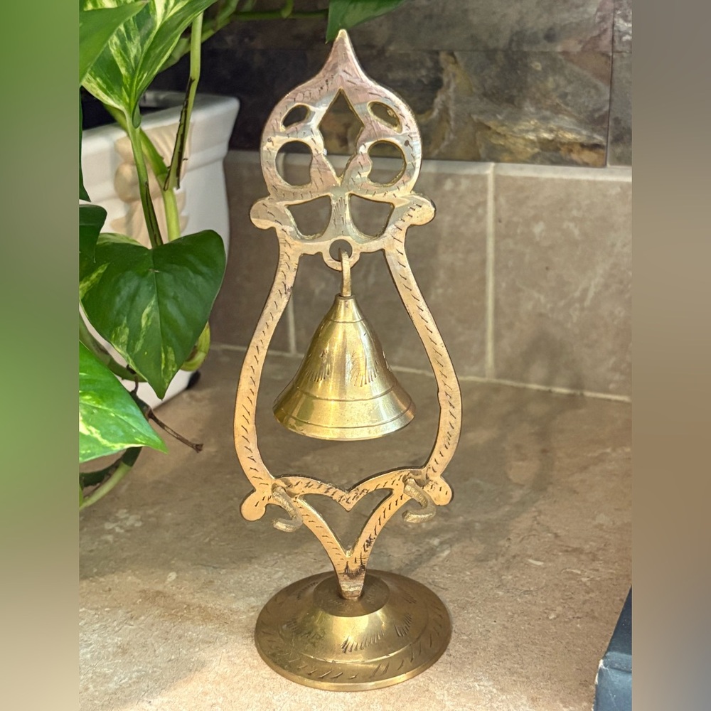 Etched Brass Hanging Bell Made in India Vintage Shelf Decor